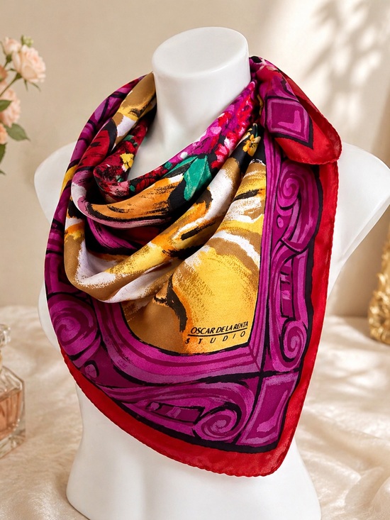 Oscar de la Renta Accessories - Vintage Oscar de la Renta Studio Silk Scarf Floral Bouquet Magenta Black Gold